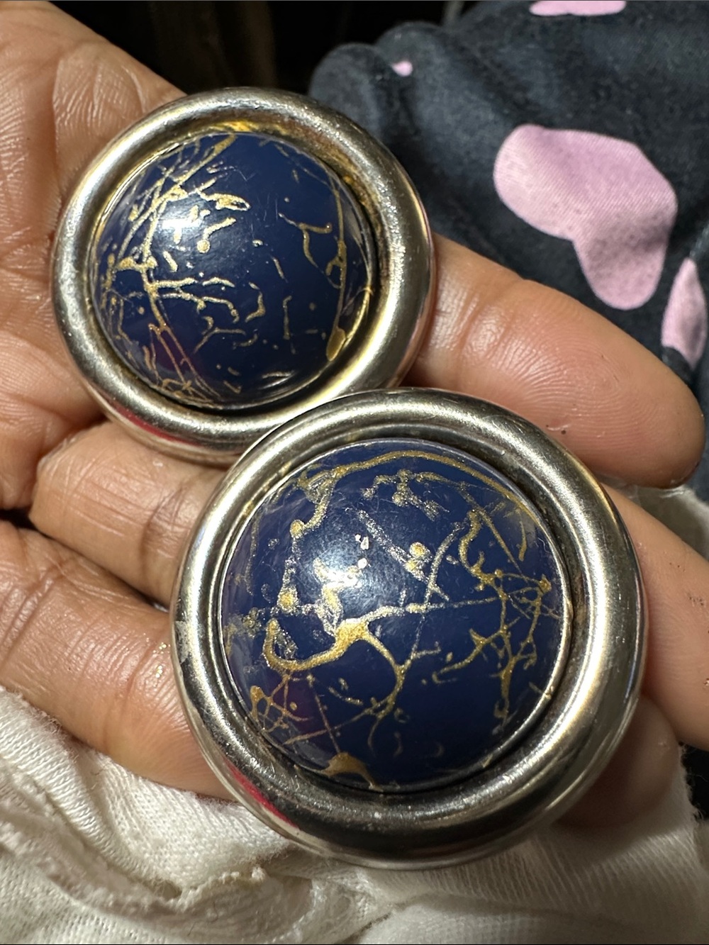 Blue and Gold Dome Clip-On Earrings- discolorations
